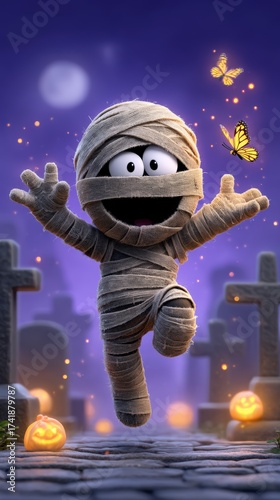 Playful Mummy Character in Halloween Night with Butterflies and Pumpkins