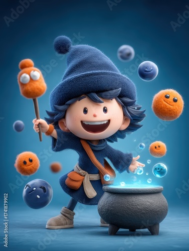 Playful Cartoon Wizard Creating Magical Potions with Colorful Orbs
