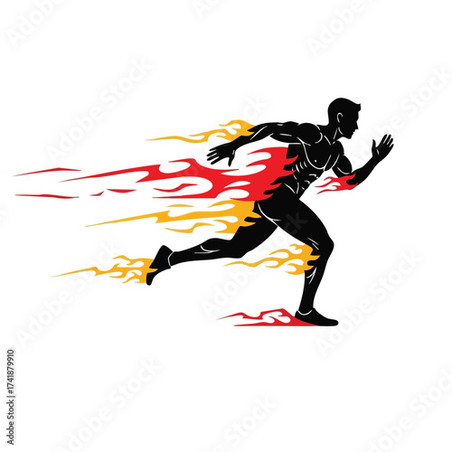 Dynamic silhouette of a sprinter running at full speed with fiery trails emphasizing motion and energy in a minimalist style