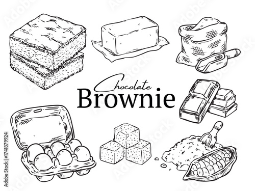 Set of isolated hand drawn chocolate brownie recipe and ingredients outline drawing illustration