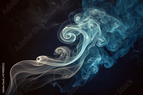 Smoke in the Air: Swirling clouds of ethereal smoke, painted in delicate shades of blue and white, dance against a dark background, creating an image of both mystery and serenity.