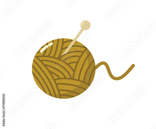 A ball of yellow yarn with a knitting needle stuck in it and a loose thread coming out, isolated on white background