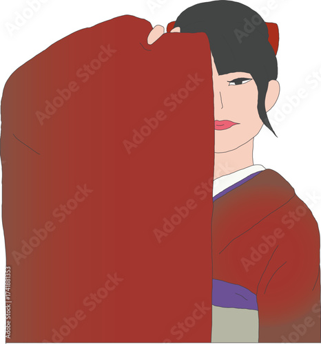 袖で片目を隠す赤い振袖の女性