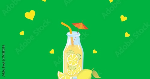 Yellow heart icons floating over lemonade glass bottle and lemon icon against transparent background