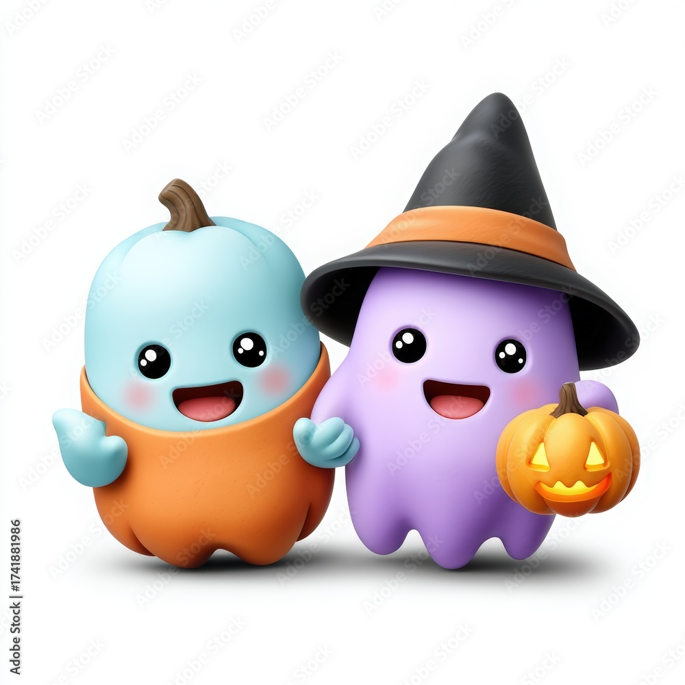Obraz premium Cute Cartoon Ghosts in Halloween Costumes with Pumpkin Basket