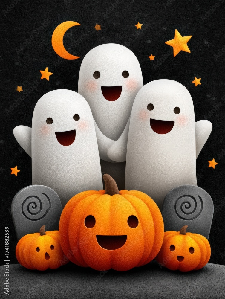 Obraz premium Playful Ghosts with Pumpkin in Halloween Night Celebration Design