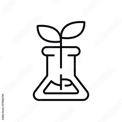 A black line art drawing depicts a flask with a growing plant inside. line icon editable stroke.