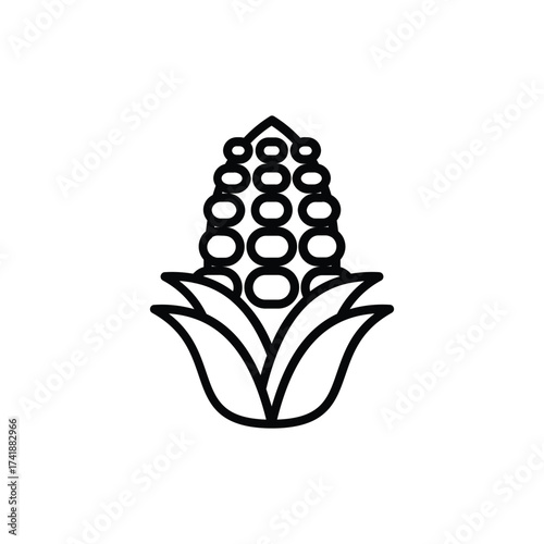 A black line drawing of an ear of corn with leaves at the base and kernellike shapes on the cob. line icon editable stroke.