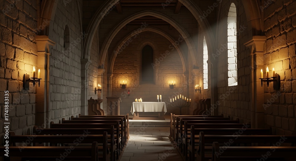 Obraz premium Interior of a Medieval Church with Sunlight.