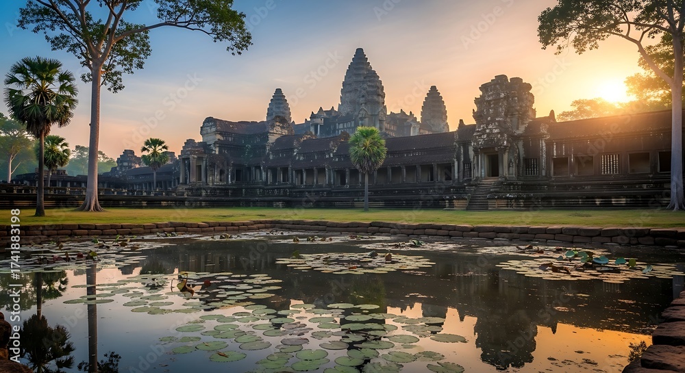 Fototapeta premium Sunrise Reflects on Lotus Pond in Front of Ancient Angkor Wat Temple Complex, Cambodia