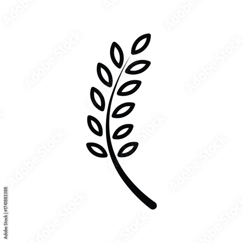 A black stylized plant with elongated oval shapes on a curved stem. line icon editable stroke.