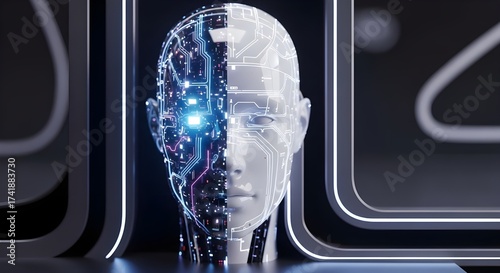 Futuristic robot head with one half mechanical and the other half human like