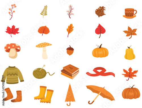 A curated selection of pixel art icons representing autumn elements such as leaves, pumpkins, mushrooms, acorns, sweaters, yarn, boots, and umbrellas, presented on a clean white background