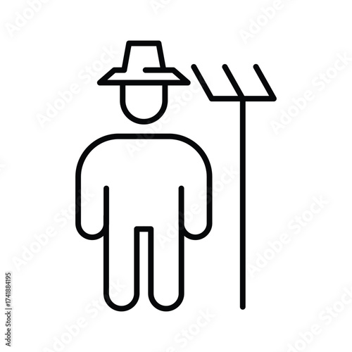 A line drawing depicts a farmer wearing a hat holding a rake The farmers body is a simplified figure The setting is blank. line icon editable stroke.