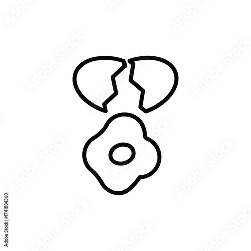 A simple black outline drawing of a fried egg with cracked eggshells above it. line icon editable stroke.