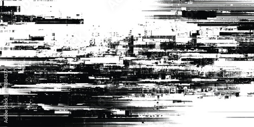 It depicts a highly textured composition with a focus on glitch art and visual noise, An abstract black and white digital art piece.