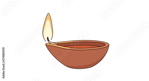 Clay Diya Oil Lamp with Flame Burning Brightly.