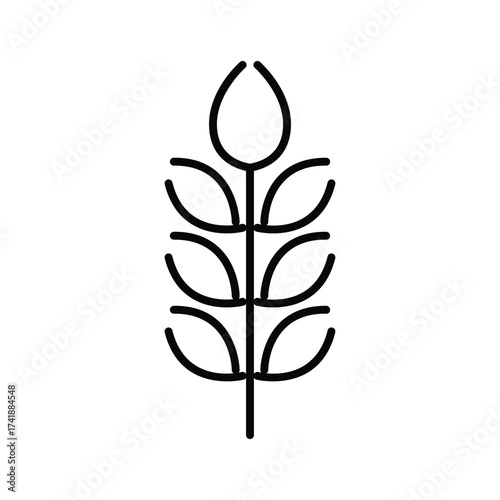 A symmetrical linear illustration features a wheat stalk with a central stem and stacked curved leaflike forms. line icon editable stroke.