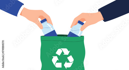 Two hands are placing plastic bottles into a green recycling bin with a recycling symbol on it.