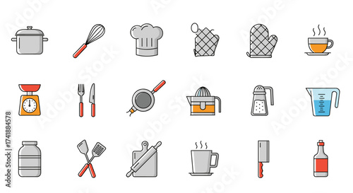 A collection of colorful kitchen and cooking utensil icons representing various tools and equipment used in food preparation.