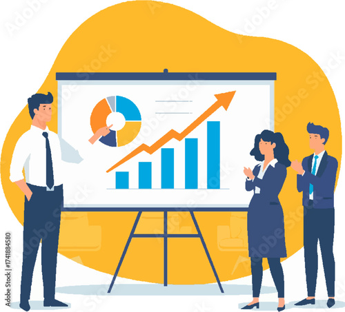 Vector Illustration of Businesswoman Giving Presentation with Flowchart on Whiteboard in Office
