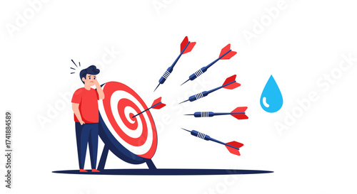 Man looking stressed as darts miss the bullseye on a dartboard.