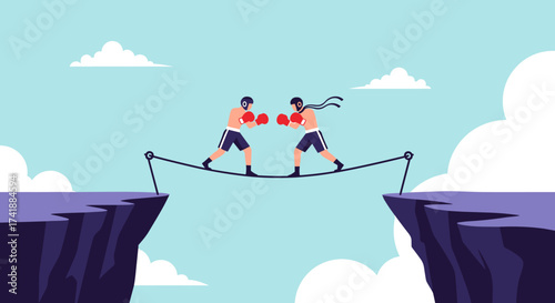 Two boxers skillfully balancing on a tightrope connecting two cliffs.