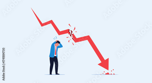 A businessman stands in despair as a downward trending graph representing financial loss breaks apart before him, symbolizing an economic downturn and market crash.