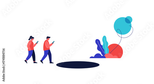 Two people walking with phones toward a dark hole with colorful abstract shapes nearby.
