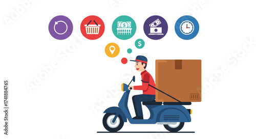 A delivery person on a scooter with a large box on the back drives through a cityscape with icons representing different services overhead.