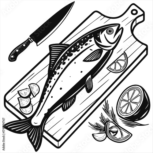 A cartoon illustration of a fish on a wooden cutting board with a knife lying beside it ready to cut silhouette vector on a white background