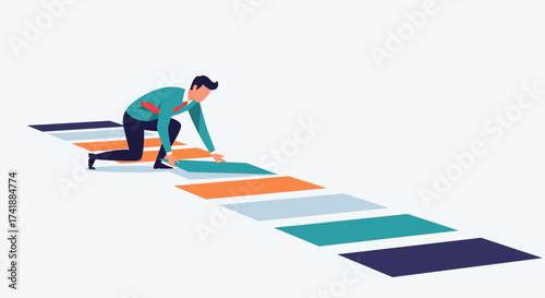 A person poised at the starting line of a colorful path of opportunity.