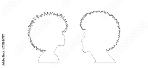 A minimalist black and white illustration depicts the profiles of two individuals with afro hairstyles facing each other, outlined with dotted textures and smooth, simple line art