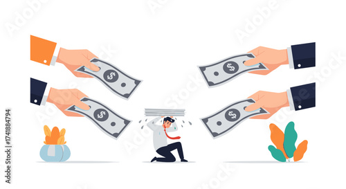 A businessman struggles under the weight of money being offered from multiple sources.
