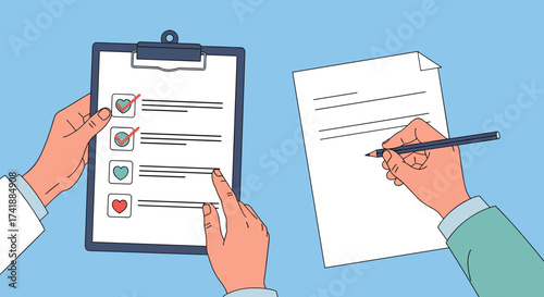 A doctor reviews a medical checklist and another person writes on a document.