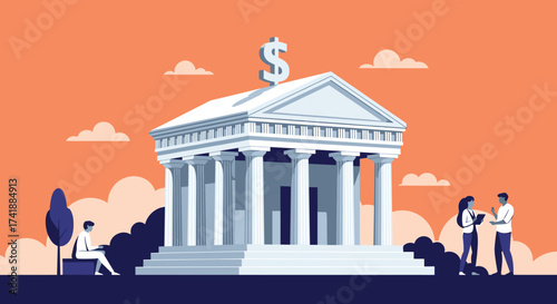 Illustrative depiction of a neoclassical bank building with people discussing finances outdoors.