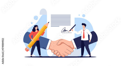 Business partners shaking hands to finalize an agreement with a signed document and contract.