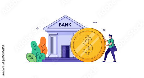 A person pushing a large gold coin towards a bank building representing financial savings and investment.
