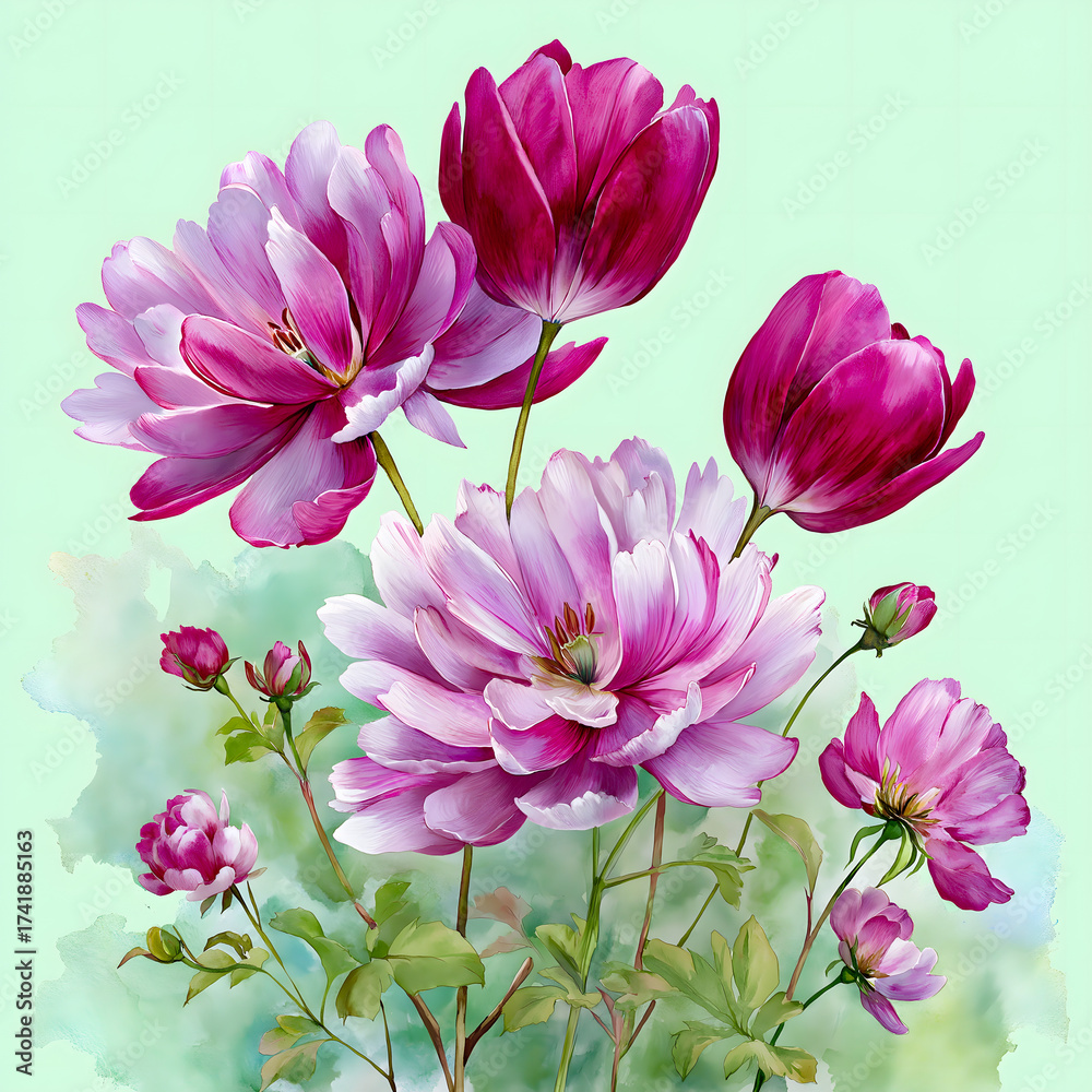 Fototapeta premium Vibrant pink and purple flowers in watercolor digital painting on mint background