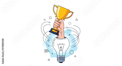 A hand holding a gold trophy emerging from a light bulb with abstract shapes and lines representing success and innovation.