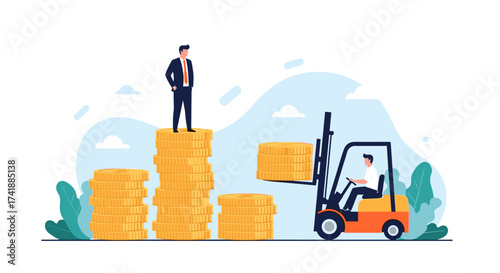 Business growth and financial success depicted through stacked coins and a forklift.