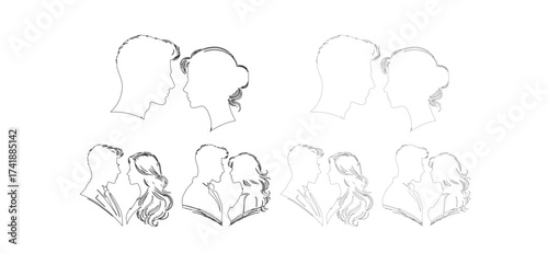 Silhouetted sketches of a couple face to face, with the man in a suit and the woman with flowing hair, rendered as a collection of minimal lines on a bright white backdrop