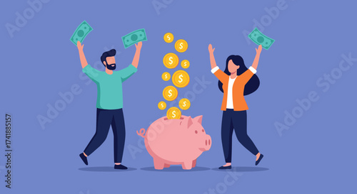 Happy people saving money in a piggy bank with coins and cash.