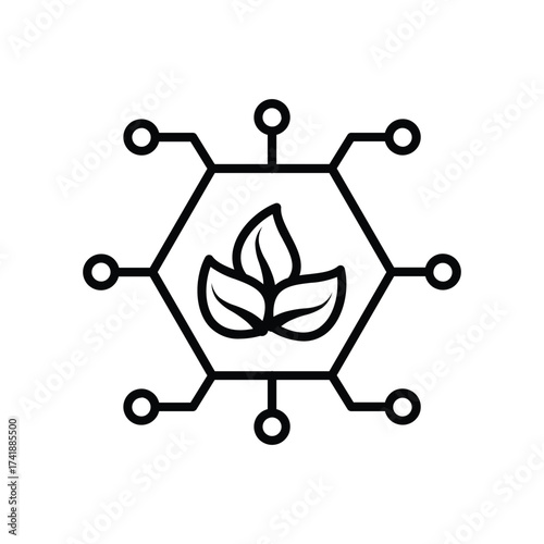 Black and white logo A hexagon encloses three leaves Nodes connect to the hexagon. line icon editable stroke.