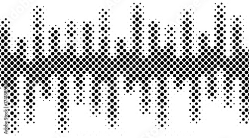 Abstract soundwave effect is depicted by dynamic black dots arranged against a clean white background, creating a visually interesting halftone pattern that conveys rhythm and technology