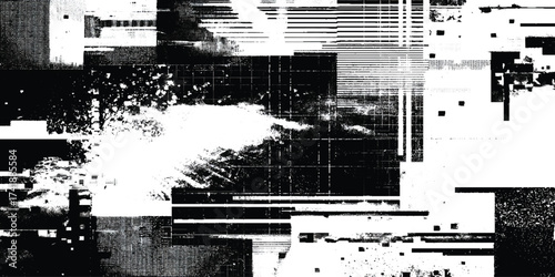 It depicts a highly textured composition with a focus on glitch art and visual noise, An abstract black and white digital art piece.