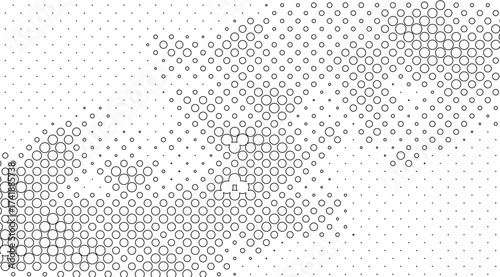 Black and white halftone background features a gradient of circles and dots increasing in size and density across the image, creating a dynamic and eye-catching effect