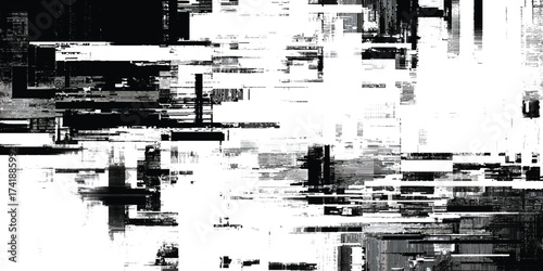 It depicts a highly textured composition with a focus on glitch art and visual noise, An abstract black and white digital art piece.