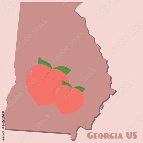 Georgia state outline with two peaches, representing the state's nickname, "The Peach State.".