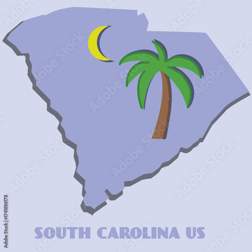 South Carolina state map with palmetto tree and crescent moon.